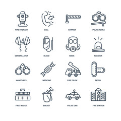 Set Of 16 outline icons such as Fire station, Police car, Bucket