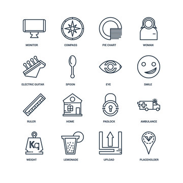Set Of 16 outline icons such as Placeholder, Upload, Lemonade, W