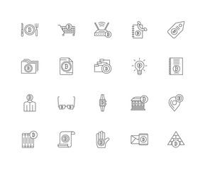 20 linear icons related to Bitcoin, Bitcoin line signs. Vector i