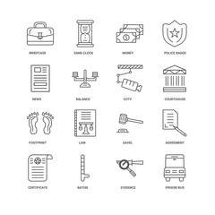 16 linear icons related to Prison bus, Balance, Briefcase, undef