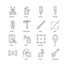16 linear icons related to Paint brush, Move, Lasso, , Pen, Scis