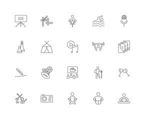 20 linear icons related to Cooking, Cards, Karaoke, Swimming, Ga