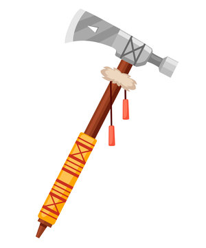 Tomahawk axe. Light ax used as a tool or weapon by American Indians. Weapon with traditional native design. Flat vector illustration isolated on white background