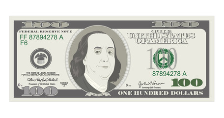 100 Dollars Banknote, bill one hundred dollars, american president Benjamin Franklin.