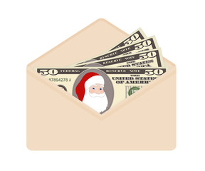 Bill one hundred dollars with Santa Claus in open beige envelope isolated on white background.