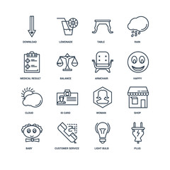 Set Of 16 outline icons such as Plug, Light bulb, Customer servi