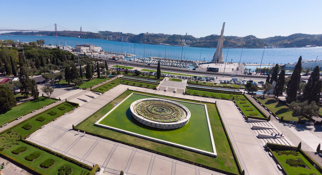 Aerial View of the Fountain located in Empire Square in Belem, Lisbon, Portugal