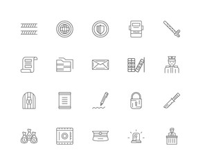 20 linear icons related to Judge, Siren, Police hat, Save, Money