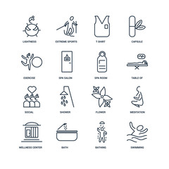 Set Of 16 outline icons such as Swimming, Bathing, Bath, Wellnes - obrazy, fototapety, plakaty