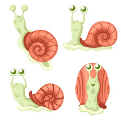 Obraz premium Cute snail collection. Big green snail. Forest animal. Cartoon character design. Flat vector illustration isolated on white background