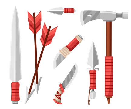 Tomahawk axe, knives, daggers, and arrows. Items for survival, cold steel arms. Flat vector illustration on white background