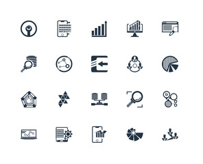 Set Of 20 outline icons such as Data analysis pie chart, Mobile