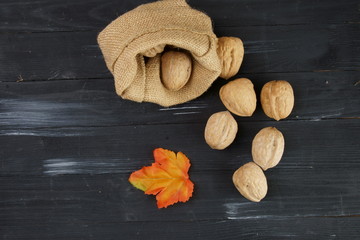 Walnuts in a burlap bag