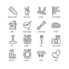 Set Of 16 outline icons such as Lemon, Sheep, Laundry, Bar chart