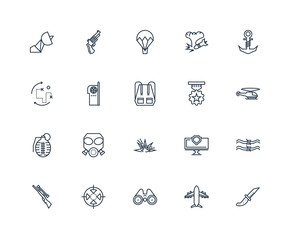 Set Of 20 outline icons such as Knife, Airplane, Binoculars, Tar