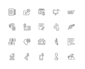 20 linear icons related to Success, Profit, Mobile, Winner, Bank