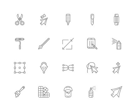 20 linear icons related to Cursor, Spray, Paint bucket, Pantone,