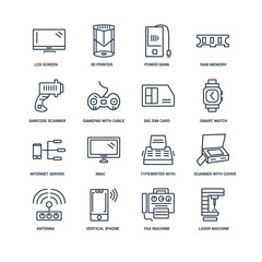 Set Of 16 outline icons such as Laser Machine, Fax Vertical iPho