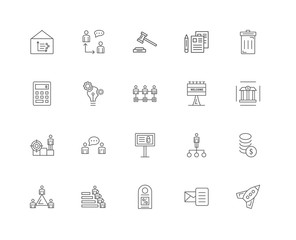 20 linear icons related to Space ship, Bank, Trash, Contract, Hi