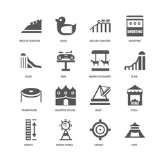 16 linear icons related to Tent, Bike, Roller coaster, undefined