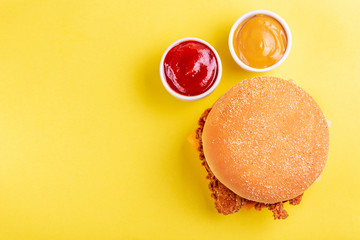 Delicious hamburger or burger with ketchup and mustard