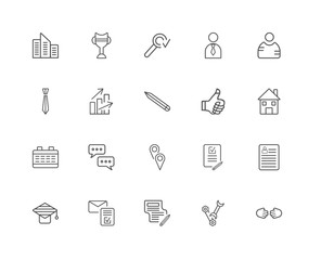 20 linear icons related to Handshake, Skills, Letter, Mortarboar
