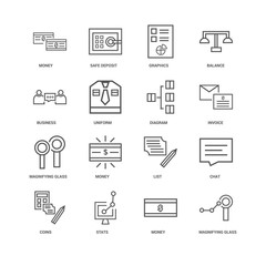 16 linear icons related to Magnifying glass, Uniform, Money, und