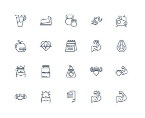 Set Of 20 outline icons such as Muscle, Shower, Abs, Stationary