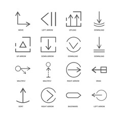 16 linear icons related to Left arrow, Down Move, undefined, Dra