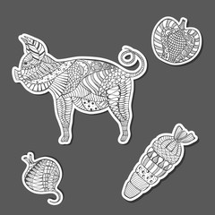 Patterned Grayscale Pig and Veg Made as Stickers