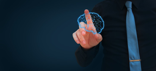 Human hand polygonal glowing brain - artificial intelligence concept, machine learning,...