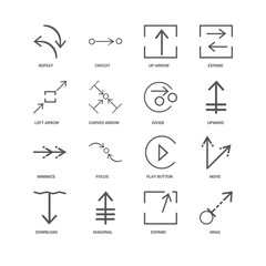 16 linear icons related to Drag, Expand, Diagonal, Download, Mov