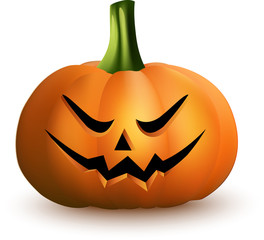 Cartoon halloween pumpkin with scary face on white background 