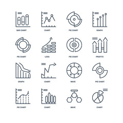 Set Of 16 outline icons such as chart, Wave, Pie Bar graph, char