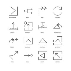16 linear icons related to Expand, Right, Drag, Up arrow, Right