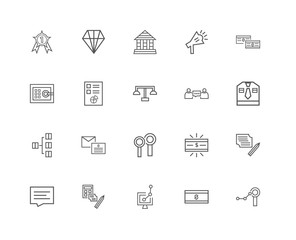 20 linear icons related to Magnifying glass, Uniform, Money, Spe