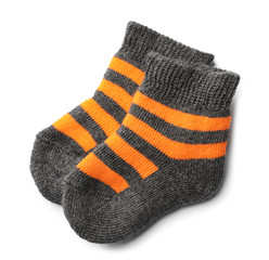 Cute child socks on white background, top view