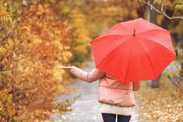 Woman with umbrella in autumn park on rainy day