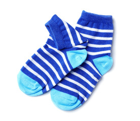 Cute child socks on white background, top view