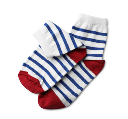 Cute child socks on white background, top view