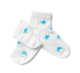 Cute child socks on white background, top view