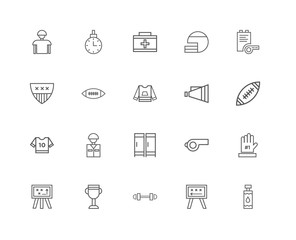 20 linear icons related to Stopwatch, American Football Strategy