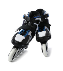 Pair of inline roller skates on white background