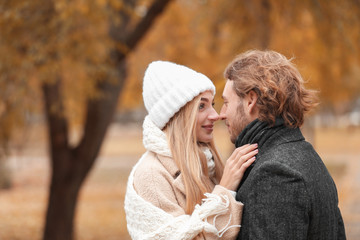 Fototapeta premium Young romantic couple in park on autumn day
