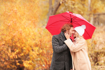 Young romantic couple with umbrella in park on autumn day
