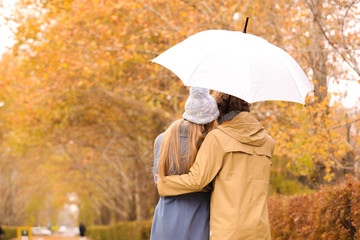 Young romantic couple with umbrella in park on autumn day