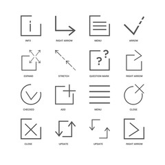 16 linear icons related to Right arrow, Stretch, info, undefined