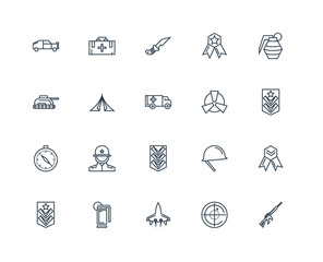 Set Of 20 outline icons such as Rifle, Radar, Jet, Grenade, Mili