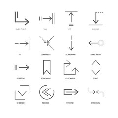 16 linear icons related to Diagonal, Compress, Slide right, unde