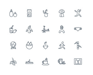 Set Of 20 outline icons such as Calendar, Organic Food, Tea Cere